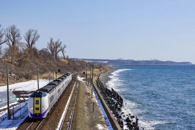 Panoramic view of road by sea against clear sky