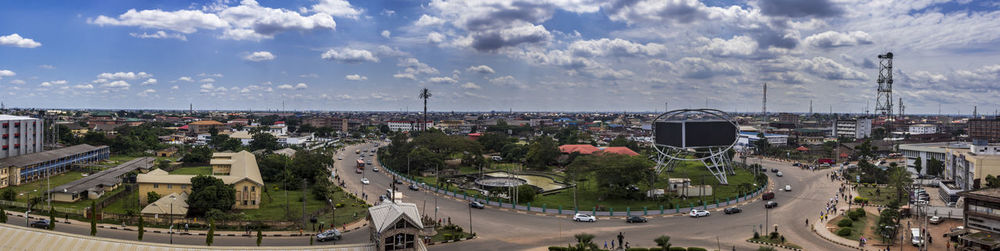 High angle view of street amidst buildings in city