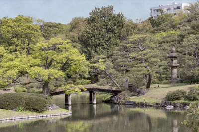 Scenic view of lake by trees against sky