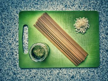 High angle view of bread on cutting board