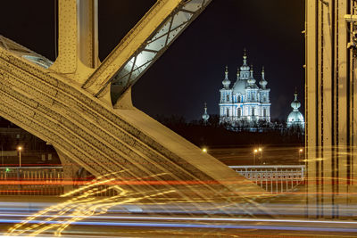 Light trails on building at night