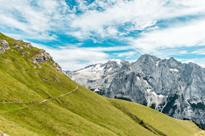 Scenic view of mountains against cloudy sky