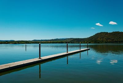 Scenic view of lake against clear blue sky