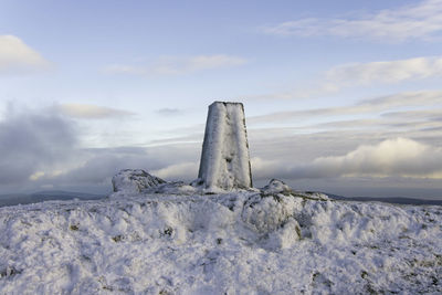 Ice coated mapping survey pillar at the summit of croaghanmoira mountain