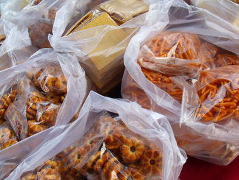 High angle view of snacks in plastic bag