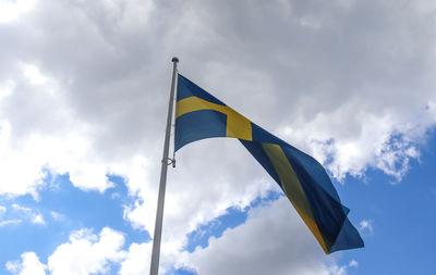 Sweden flag at a flagpole moving in the wind against the sky