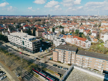 High angle view of buildings in city