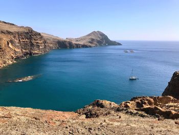 Scenic view of bay against clear sky