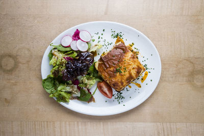 High angle view of dessert served on table