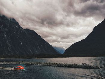 Scenic view of lake against cloudy sky