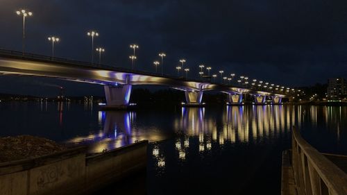 Illuminated bridge over river against sky at night