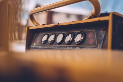 Close-up of dashboard in bulldozer