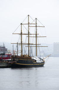 Boats in river with buildings in background