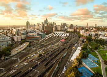 High angle view of bridge and buildings at haymarket