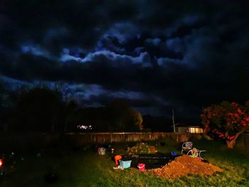 Scenic view of illuminated field against sky at night