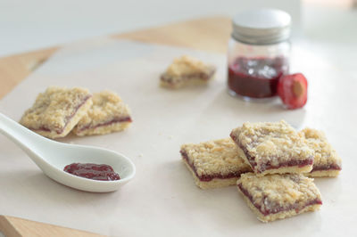 Close-up of cookies in plate on table