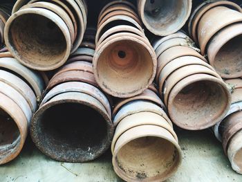High angle view of earthenware arranged in workshop