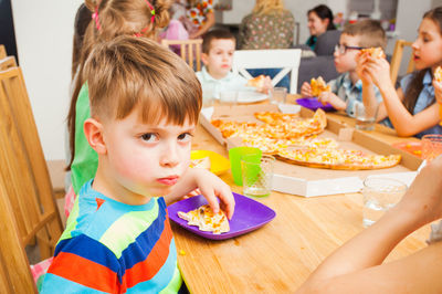 High angle view of people eating food