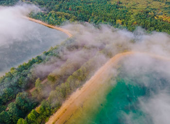 High angle view of rainbow over land