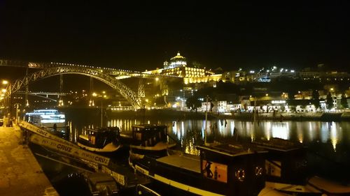 View of illuminated bridge over river