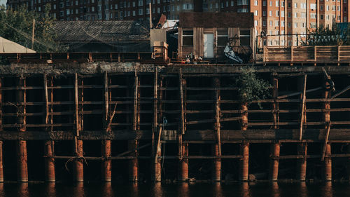 Wooden house standing on the pier pillars