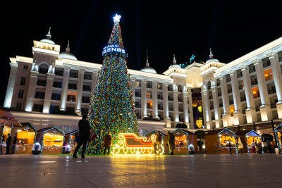 Illuminated christmas tree outside building at night