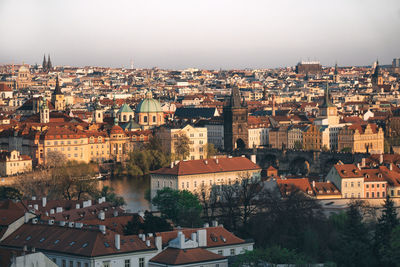 High angle view of townscape against clear sky