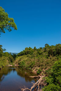 Scenic view of lake against clear blue sky