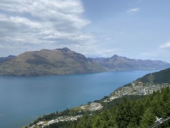 Scenic view of sea and mountains against sky