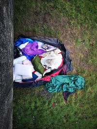 High angle view of garbage on field