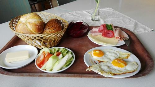 High angle view of breakfast served on table