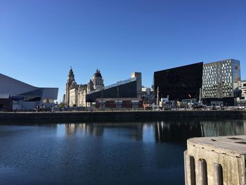 River by buildings against clear blue sky