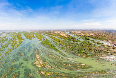 High angle view of land against sky