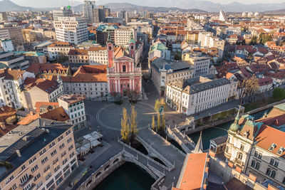 High angle view of city buildings