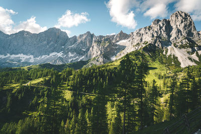 Scenic view of snow capped mountains against sky