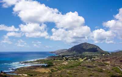 Landscape against calm blue sea