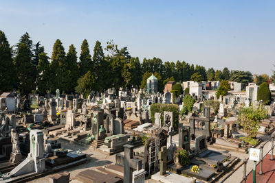 High angle view of cemetery against sky