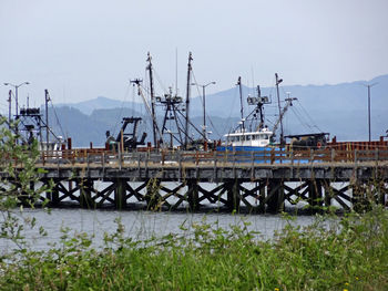 Sailboats on pier by harbor against sky