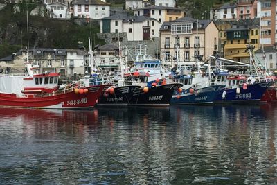 Boats in river with buildings in background