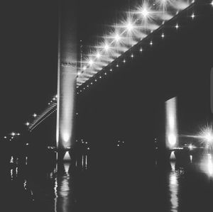 Suspension bridge over river at night