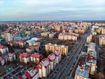 High angle view of road amidst buildings in city