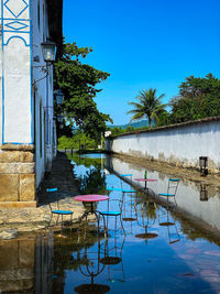 Plants by swimming pool against lake and buildings against clear blue sky