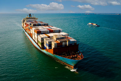 High angle view of ship on sea against sky