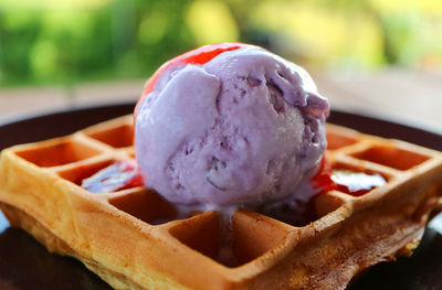 Close-up of ice cream on belgian waffle