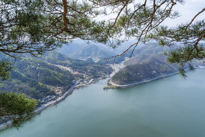 Scenic view of lake by tree mountains