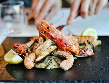 Close-up of seafood on slate