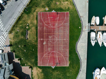 High angle view of soccer field