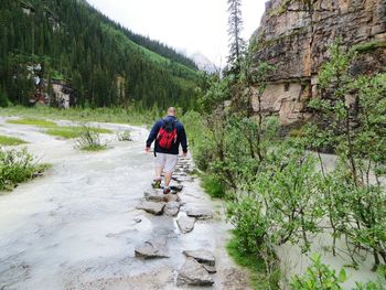 Rear view of hiker walking on rocks in stream against mountains