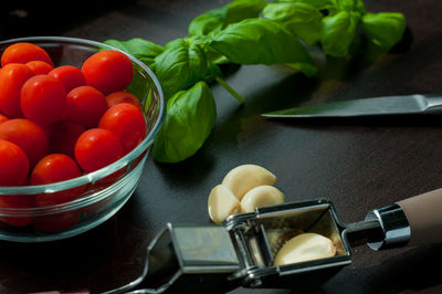 High angle view of fruits in container on table