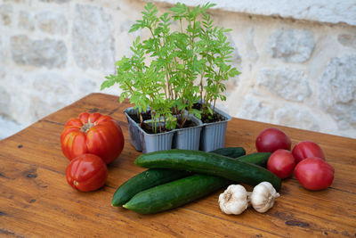 High angle view of vegetables on table